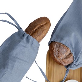 Amazhiyu Pure Linen Reusable Drawstring Bread Bags Set of 2, Sourdough Baguette Breads Storage Denim, 11.5x19.5inches