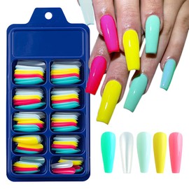 CHANGAR Colourful Long Coffin False Nails Ballerina Fake Nail Candy Press on Nail Acrylic Nail Tips Full Cover Colourful False Nails for Nail Salons and DIY Nail Art (Pack of 100)
