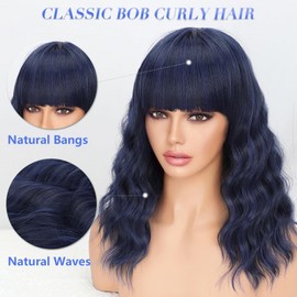 Nnzes Wig with Bangs for Women Short Bob Wavy Charming Synthetic Dark Blue Wigs with Natural Shoulder Length Curly Heat Resistant Hair for Daily Party Use