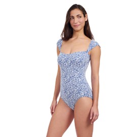Profile by Gottex Women's Standard Plumeria Textured Jeans and White Leafy Print Cap Sleeve One Piece Bathing Suit Swim Essential