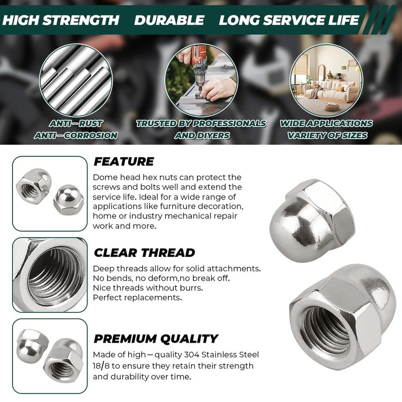 1/2-13 Acorn Hex Cap Nuts (10 pcs), 304 Stainless Steel