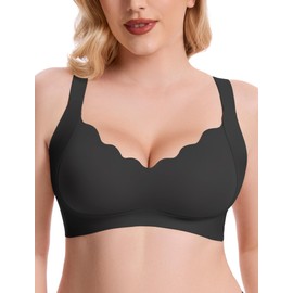 Gailife Scalloped Lift Bras for Women Soft Push Up Wireless Bra Supportive V Neck No Underwire Seamless Tshirt Bralettes, Black, L