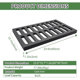 Cast Iron Drain Grate, 23.6in*15.7in Heavy Duty Outdoor Drain Cover, B125 Class Channel Grate, Metal Sewer Grate, Black Square Drainage Grate for Concrete Floor, Yard, Driveway & Garage.