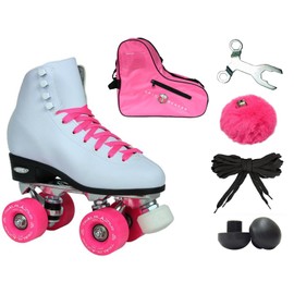 Epic Skates Epic White and Pink Classic High-Top Quad Roller Skate Bundle with Pink Skate Bag, Pompoms and 2 Pair of Laces 9