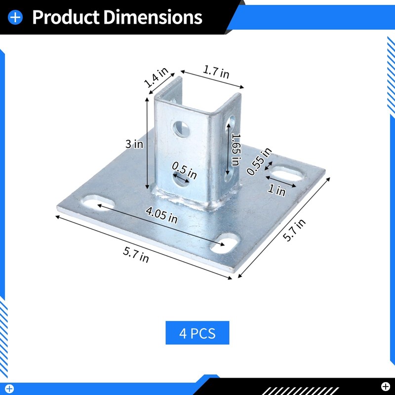 4 PCS Strut Post Bases, 4 Slotted Holes U Post