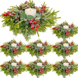 Christmas Candle Rings Wreath - 3.5" 8PCS, Christmas Table Centerpieces, Norfolk Pine Red Berry Pinecones Candle Rings, Candle Holder Table Decorations, Small Pine Garlands for Home Holiday Wedding