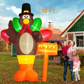 Danxilu 12 FT Giant Inflatable Turkey Thanksgiving Outdoor Decorations, Thanksgiving Inflatables with Street Signs Blow up Yard Decoration Built-in LED Lights for Garden Lawn Fall Holiday Decor