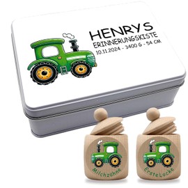 Memory Box for Newborns, Tooth Box and Curl Box with Great Motifs, Gift Set (Gift Box Tractor)