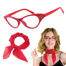 HIYMDOIT 50's Costume Accessories for Women Vintage 1950s Rhinestone Cat Eye Glasses Chiffon Neck Scarf for Cosplay Dress Up Party