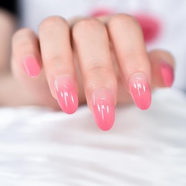 IKISKT Press On Nails - Light Pink Tips | Quality Pink Babyboomer Gradient l UV Medium Almond Shape False Fake Nails, Reusable Glue | 10 Sizes - 24 Nail Kit