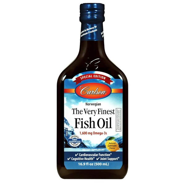 Carlson - The Very Finest Fish Oil, Special Edition, 1600 mg Omega-3s, Liquid Fish Oil Supplement, Norwegian, Wild-Caught, Sustainably Sourced Fish Oil Liquid, Lemon, 500 mL (16.9 Fl Oz)