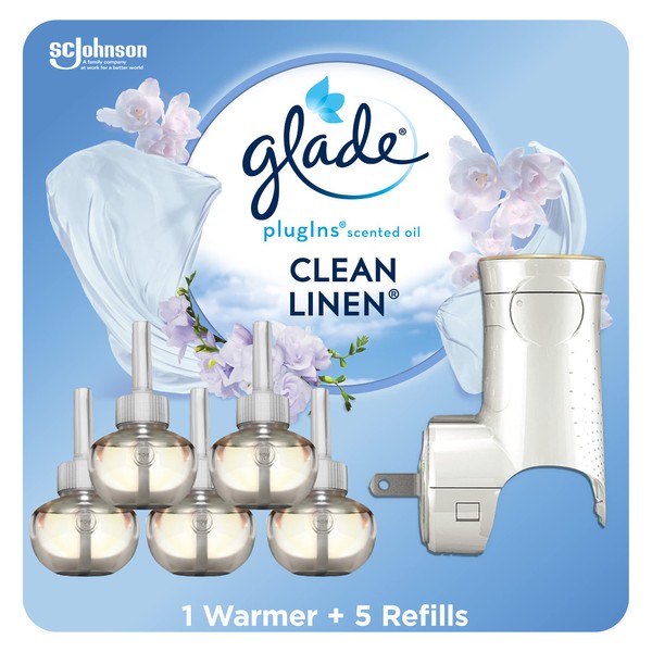 Glade PlugIns Refills Air Freshener Starter Kit, Scented and Essential Oils for Home and Bathroom, Clean Linen, 3.35 Fl Oz, 1 Warmer + 5 Refills