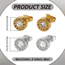 GOMAKERER 4 Pairs 2 Colors Unisex Stud Earrings, Stainless Steel Flat Round Stud Earrings with Rhinestone Sleeper Earrings for Women Men