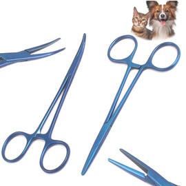 OdontoMed2011 Pet Colourful Stainless Steel Hemostat Hemostatic Forcep,Pet Ear Hair Pull Forcep, Curved Head and Straight Head kit (Blue Color)