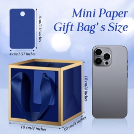 Kolldenn 100 Pcs Small Gift Bags with Handles Metallic Paper Square Wedding Favor Bags Bulk with DIY Blank Thank You Tags for Birthday Bridal Shower Thank You Party Favor (4 x 4 x 4 Inches,Blue)