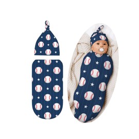 Cute Baseball Print Baby Stuff Swaddle Blanket Hat Set for Boys Girls, Soft Newborn Sleeping Sack Receiving Blanket Shower Gift