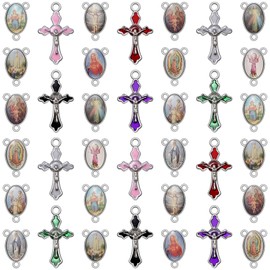 60Pcs/30Set Rosary Making Kits Supplies Religion Cross and Center Medal Charms Alloy Picture Jesus Enamel Pendant for Diy Prayer Necklace Jewelry