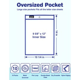 SUNEE 6 Packs Oversized Reusable Dry Erase Pocket Sleeves with Binder Ring, 6 Assorted Colors 10x14 Ticket Holders, Clear Plastic Sheet Protectors, Teacher School Classroom Supplies