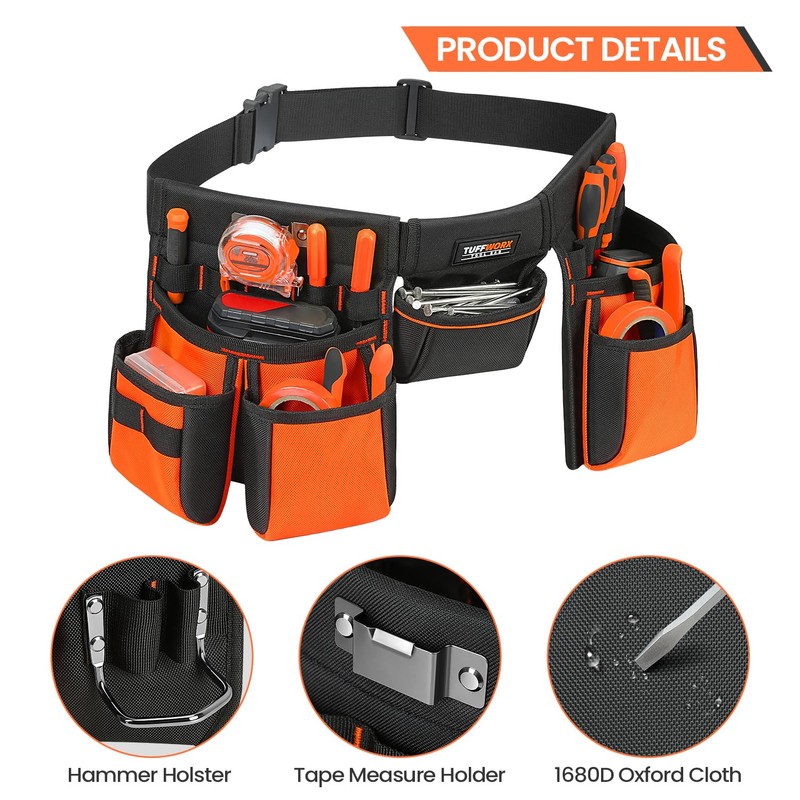 TUFFWORX Tool Belt with Multiple Pockets, Heavy Duty Construction Pouch,