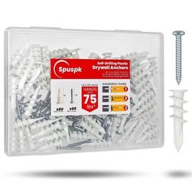 Spuspk #8 Self Drilling Drywall Anchors,120Pcs Wall Anchors and Screws for Drywall, 60 Self-Tapping/Threaded Plastic Sheetrock Anchors + 60#8 x 1-1/4'' Screws, 75LB Hanging and Mounting