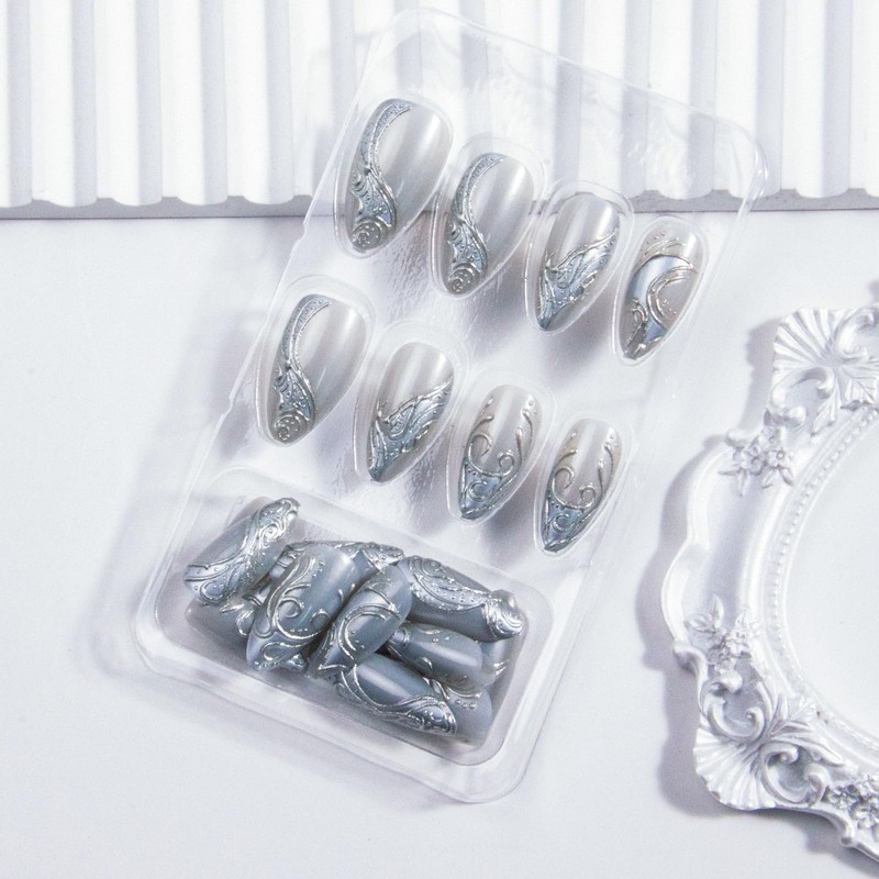 Silver Press on Nails Medium Almond Fake Nails Metal Chrome
