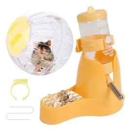 3 En 1 para HáMster 80ml + Bola Divertida, Dispensador Automático de Botellas de Agua para Hámster sin Goteo Bebedero para Animales Pequeños con Contenedor De Alimentos (Amarillo)