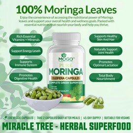 MOGO Moringa Capsules -180 Ct| Boost Energy, Immune, Gut, Joint Support | Made with Pure Organic Moringa Powder Organic Capsules | Made in USA | Antioxidants Rich Complete Green Superfood Supplement