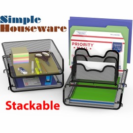 SimpleHouseware 3-Pack Stackable Desk File Document Letter Tray w/ 5 Compartments Step File Organizer, Black