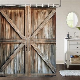 Rustic Wooden Barn Door Shower Curtain - Vintage Farmhouse Design, 60X70 Inch, Tan with Hooks