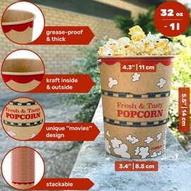 CUSINIUM 32 oz 25-Pack Kraft Popcorn Buckets - Large Popcorn Tubs