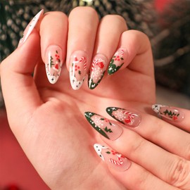 Yatinkim 24pcs Christmas Almond False Nails Acrylic Artificial Nail French Designs Fake Ongles Press on Tips Xmas Snowflake Women Manicure Decor
