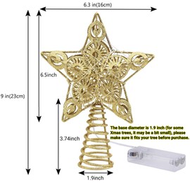 Juegoal Star Tree Topper with 20 LED Lights, Metal Golden Lighted Treetop Ornaments, Battery Powered Light Up Christmas Tree Decorations, 6.3 x 6.5 Inches