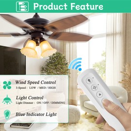 Replacement for Ceiling Fan Remote Control Kit with Light Dimmer, Compatible with Remote 99770 99772 99392 99122 99123 99600, Universal Remote Control with Receiver works for most 3 Speeds Ceiling Fan