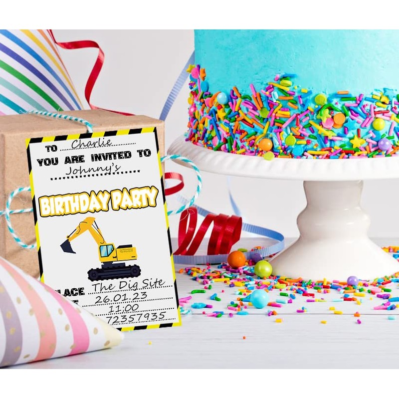 AK Giftshop Digger Construction Party Invites & Coloured Envelopes Birthday
