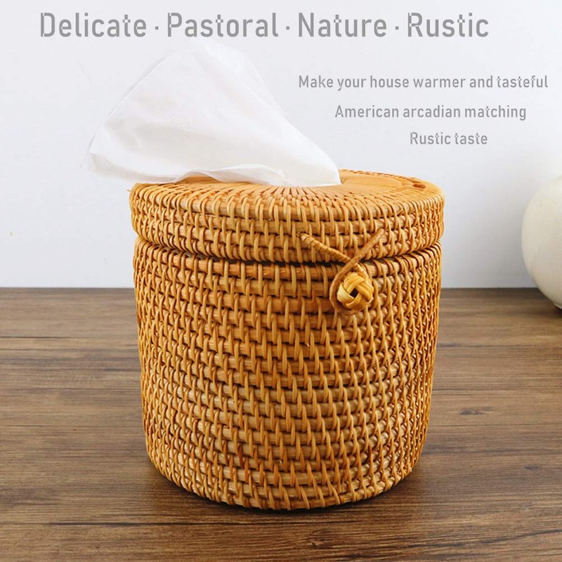 Handmade Cylinder Facial Tissue Box Holder, Woven Napkin Dispenser with
