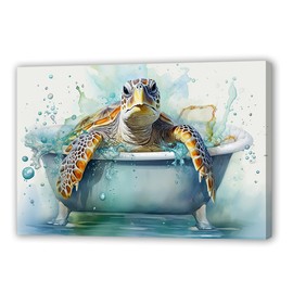 QIXIANG Sea Turtle Bathroom Wall Art Funny Sea Turtle in Bathtub Canvas Painting Art Ocean Animal Watercolor Pictures Framed Ready to Hang (Sea Turtle 2, 12.00" x 18.00")