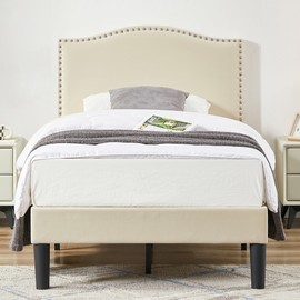 VECELO Twin Bed Frame Platform Bed Frame with Upholstered Headboard, Strong Frame and Wooden Slats Support, Strong Weight Capacity, Non-Slip and Noise-Free, Easy Assembly,Beige