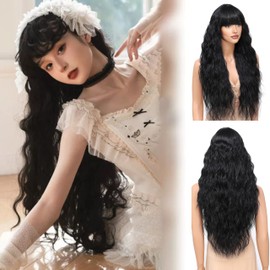 Civrie Long Wavy Wig with Bangs for Women,Wig Long Bangs Wig,Natural Looking Synthetic Heat Resistant Hair (Black-32Inch, 32Inch)