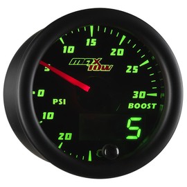 MaxTow Double Vision 30 PSI Turbo Boost / Vacuum Gauge Kit - Includes Electronic Pressure Sensor - Black Gauge Face - Green LED Dial - Analog & Digital Readouts - for Gas Trucks - 2-1/16" 52mm