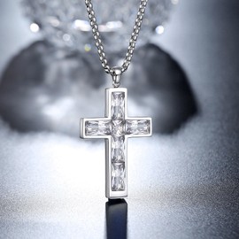 BAMIKI Mens Cross Necklace, Solid Iced Cubic Zirconia April Birthstone 316L Stainless Steel Pendant for Women, Hypoallergenic Faith Jewelry Gifts Box Chain 24 Inch