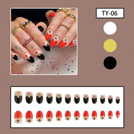 Valentine's Day Press on Nails Oval Short Fake Nails Red Black Love Heart French Tip False Nails With Gold Line Star Pearls Designs Full Cover Stick on Nails Acrylic Valentines Artificial Nails 24Pcs
