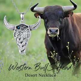 ROMANTICWORK Bull Necklace 925 Sterling Silver Bullhead Pendant Cow Jewelry for Anniversary Birthday Christmas Gifts for Men Women, Sterling Silver, No Gemstone