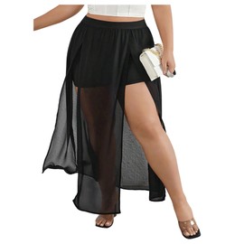 BEAUDRM Women's Plus Size Split Thigh Sheer Mesh Skirt High Waisted Summer Beach Long Skirts Black 4X-Large Plus
