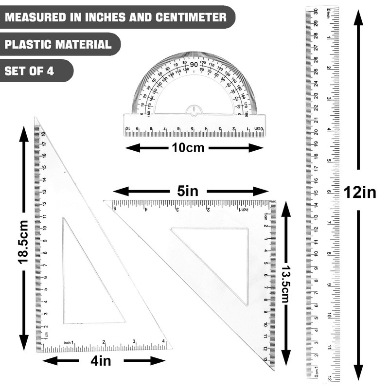 Clear Math Geometry Tool Set,12 Inch Ruler 4 PCS for