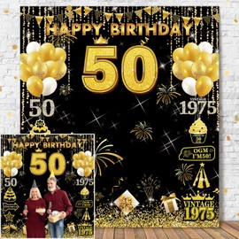 HTDZZI Large 6.6 x 6ft Happy 50th Birthday Decorations for Men Women, Big Fabric 50 Year Old Birthday Party Photo Booth Backdrop, Yard Sign Banner Background Decor Supplies, Black Gold