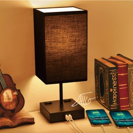 Sailstar Table Lamp for Bedroom, 3 Way Dimmable Touch Bedside Lamp, Small Lamp with 2 USB & Outlet, Black Nightstand Lamps for End Table, Living Room, Desk, Bulb Included