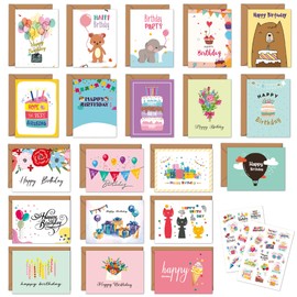 20 Birthday Cards Multipack, Pack of 20 Birthday Cards for Adults or Children, Various Birthday Stickers and Kraft Envelopes