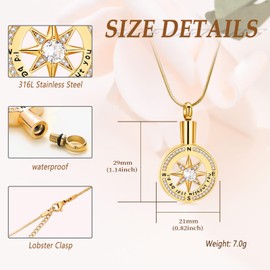 Minicremation Compass Cremation Jewelry for Ashes Funeral Ashes Pendant Locket Keepsake Urn Necklace for Women Men (Gold-B)