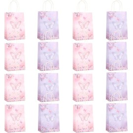 16 Packs Butterfly Gift Bags with Handles, 22x16x8 cm Pink Purple Gift Bags with Twist Handles for Kids or Adults in Birthday party, Weddings, Events or Shopping (butterfly)