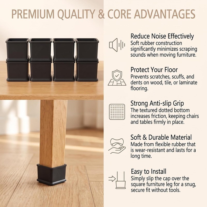 8 Pcs Square PVC Furniture Leg Caps, 1.5 x 1.5